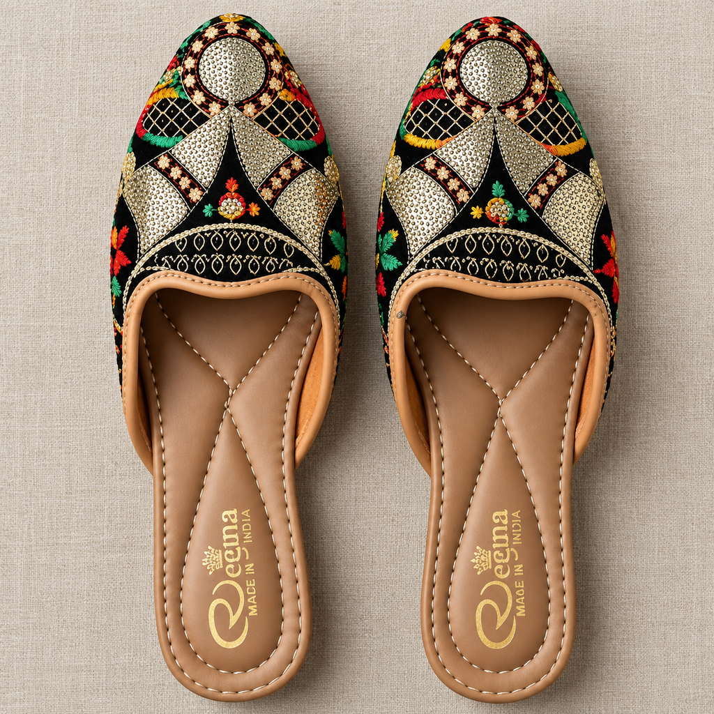 Women's black multicolor embroidered jutti with traditional Indian design