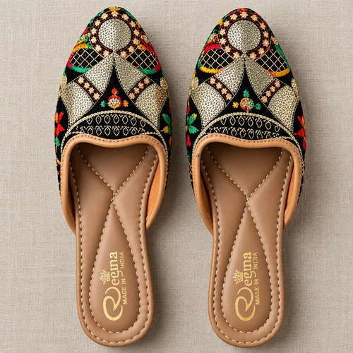 Women's black multicolor embroidered jutti with traditional Indian design