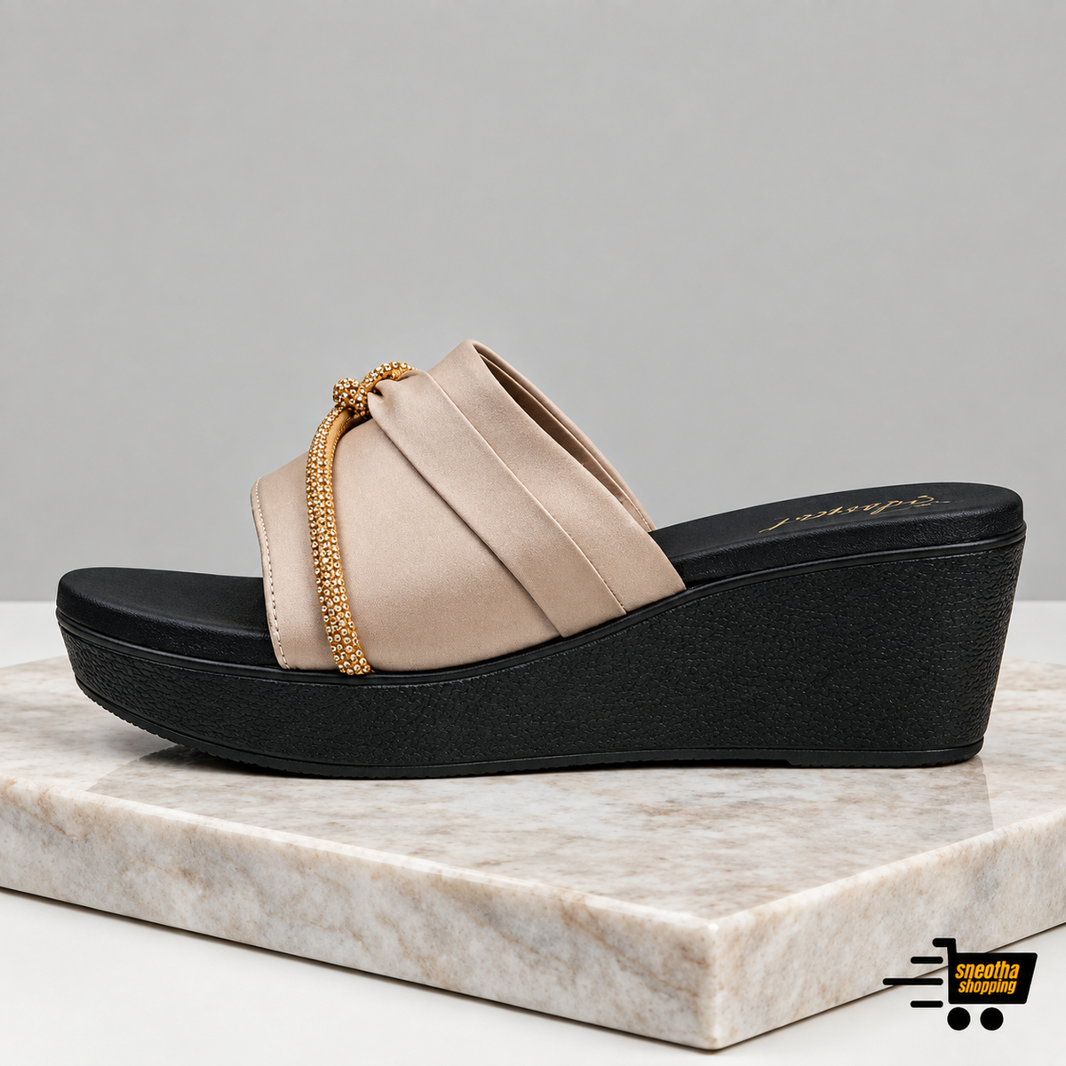 Women's beige platform wedge sandals with chain detail