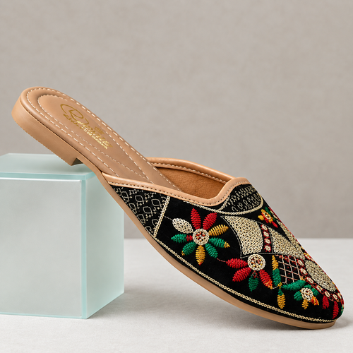 Women's black multicolor embroidered jutti with traditional Indian design